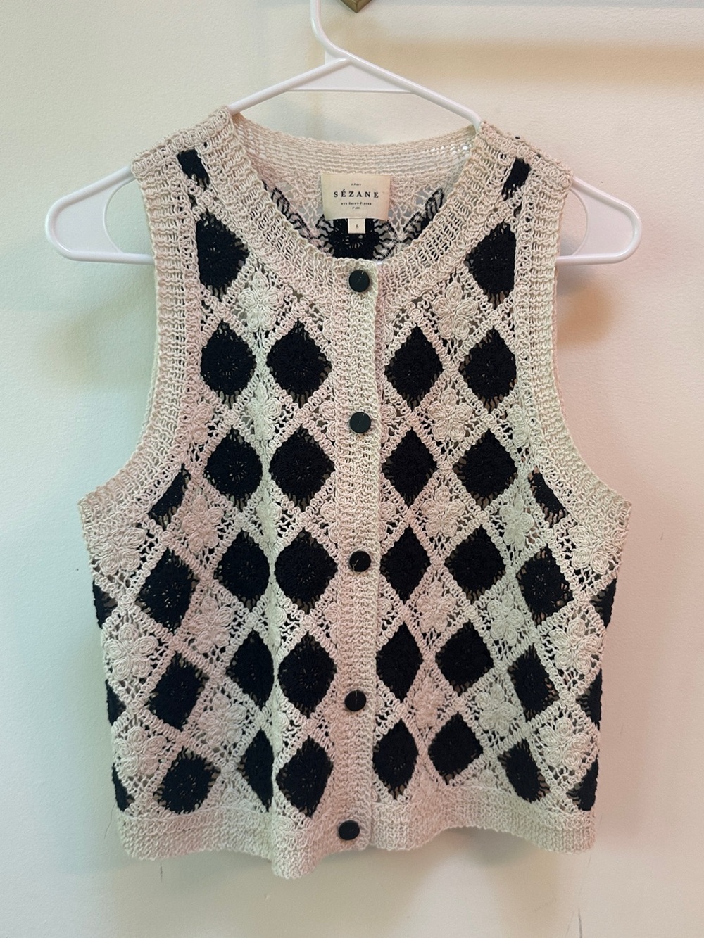 Sezane Ron Top | Ivory and Black Crochet Button Cardigan Vest